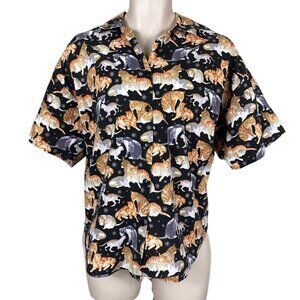 Womens Caribou New York Sz 1X Black With Cats Short Sleeve Button Up Blouse
